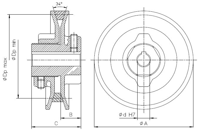 Puleggia variabile: disegno quotato